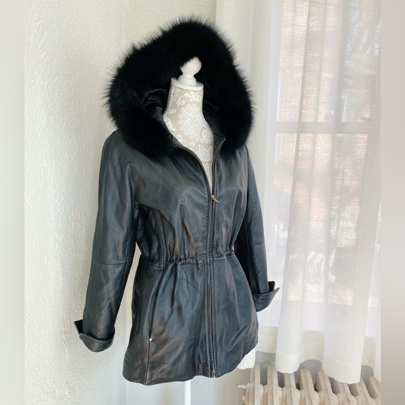 ✨ Ellen Tracy Genuine Leather Coat w/ Real Fox Fur Hood Women’s Large PRISTINE ✨ - Picture 2 of 13